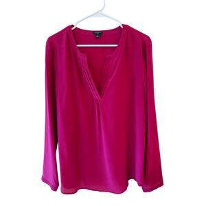 Ann Taylor Long Sleeve 100% Silk V-Neck Shirt Pink Women's Size Large Career